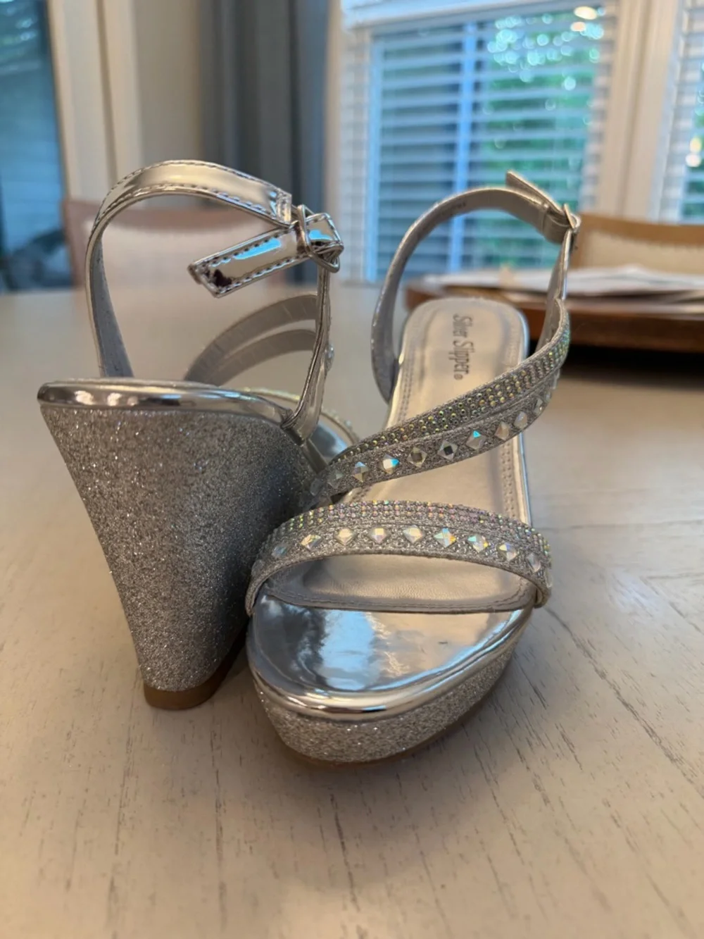 Silver Slippers wedge heels. Sling back, adjustable strap. Size 6 - Picture 3 of 6